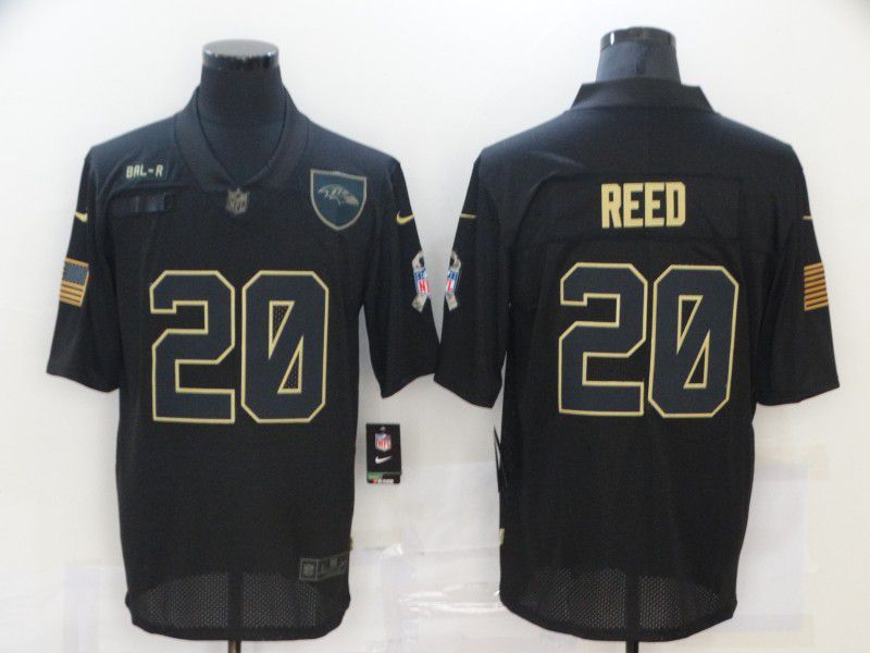 Men Baltimore Ravens #20 Reed Black gold lettering 2020 Nike NFL Jersey